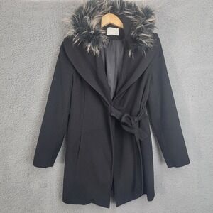 BATIK Out Wear Belted Lined Peacoat Faux Fur Collar Trim Women's Sz 36 US Size M
